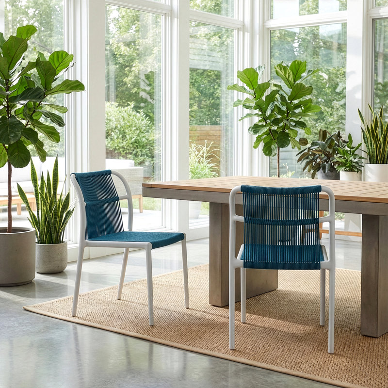 Belden Woven Rope Fabric Dining Chair with Plastic Frame, Bleu, 2