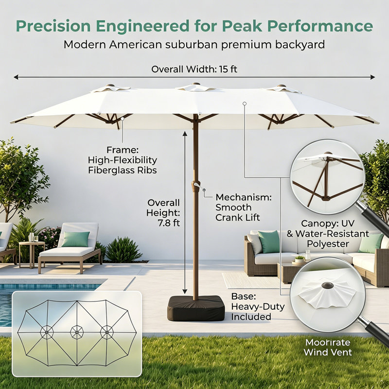 Grand parasol de patio extérieur 180 po x 108 po avec base, White