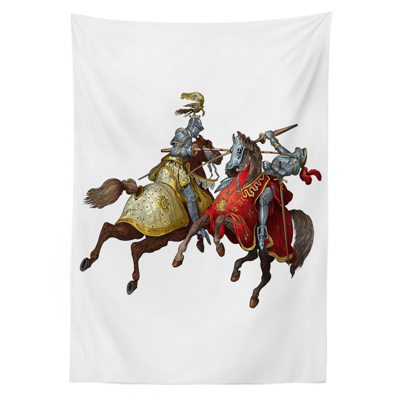 Ambesonne Medieval Tablecloth, Middle Age Fighters Knights With Costume Renaissance Period Illustration, Rectangular Table Cover For Dining Room Kitchen Decor, 52" X 70", Multicolor