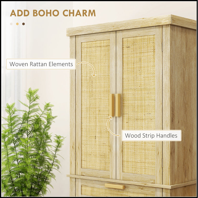 Grand garde-manger 72 po avec panneau en rotin, armoire de rangement autoportante Boho avec 4 portes, tiroir, tablette à 5 niveaux et tablettes réglables