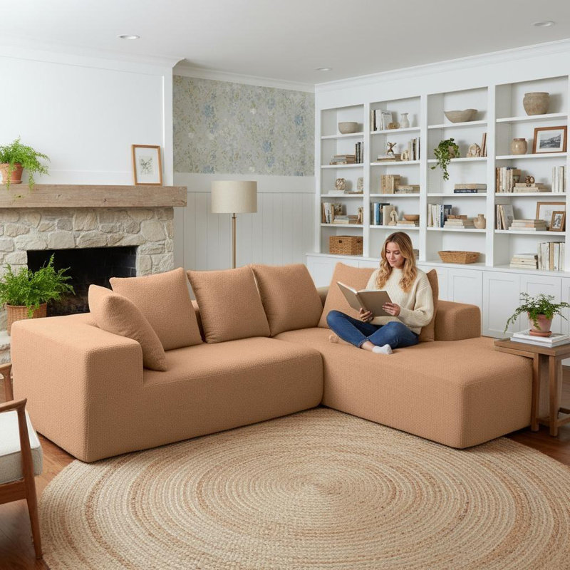 Ensemble de canapé en forme de L 96,46 po avec 5 coussins décoratifs, Polyester brun