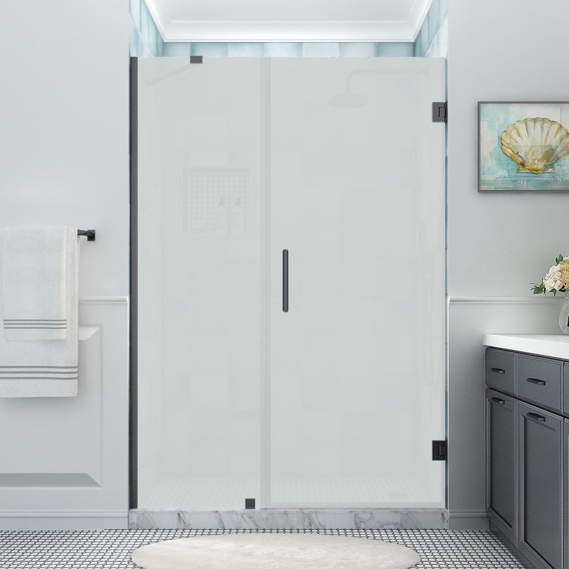 Belmore XL 55.25" W x 80" H Hinged Frameless Shower Door with Ultra-Bright Glass, Matte Black, Frosted Glass
