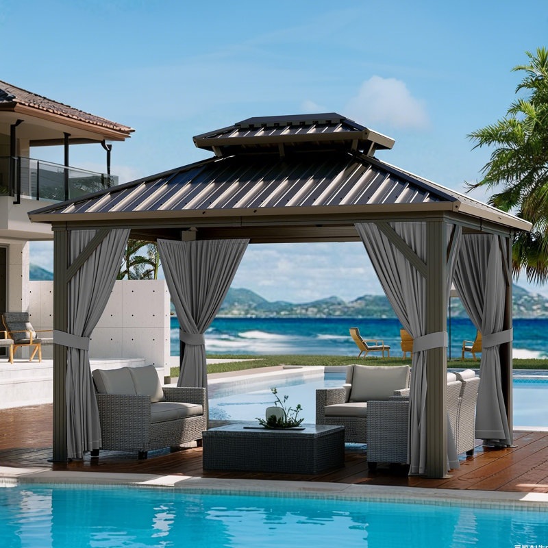 Outdoor Hardtop Gazebo, Galvanized Iron Double Vent Roof with Curtains & Netting, Aluminum Frame Pavilion for Patio, Lawn, Deck, Garden