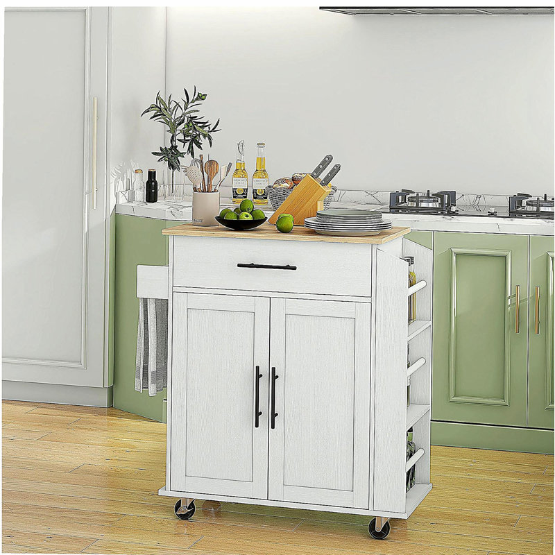 Kitchen Island with Storage, Rolling Kitchen Trolley with Power Outlets and USB Ports, Microwave Rack with Towel and Spices Shelf, White