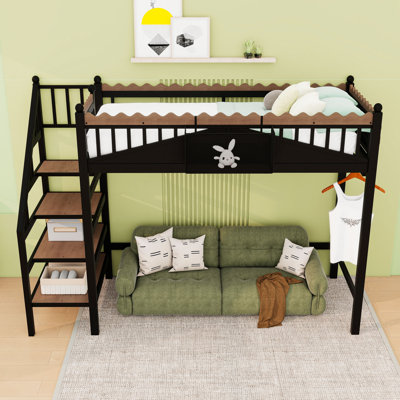 Multipurpose Metal Loft Bed with Integrated Storage Stairs and Shelves