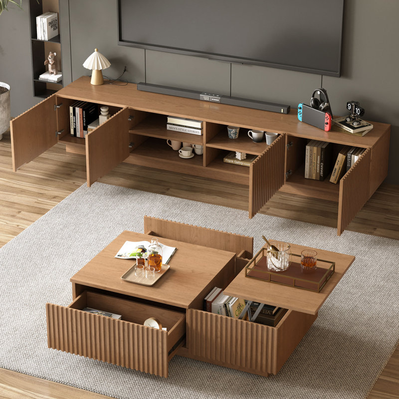 Ensemble de salon moderne cannelé 2 pièces: console multimédia de 87 po (pour téléviseurs de 90 po) et table basse à plateau relevable