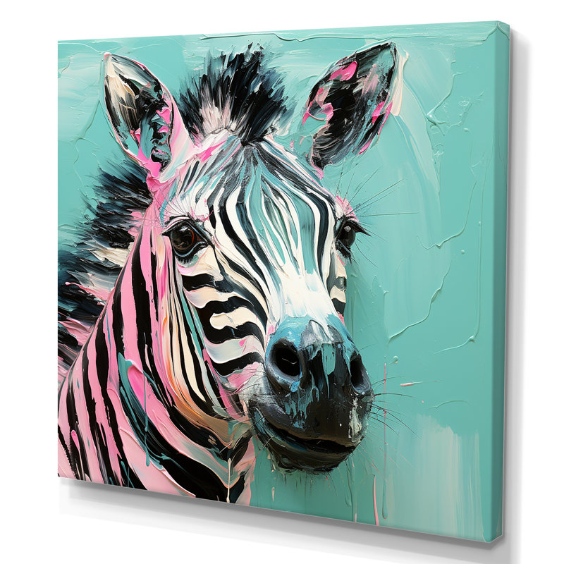 Rose et vert Boho Zebra II - Art mural animal zèbre, Toile tendue, H 16 po x l 16 po x P 1 po
