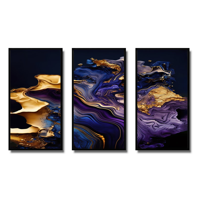 «Abstract Marble Geode Mauve I», reproduction sur toile 3 pièces, Cadre flottant noir, H 28 po x l 36 po x P 1 po