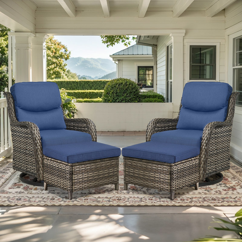 Koba 2-Person Wicker Swivel Rocker Patio Set with Ottomans and Cushions, Gray, Blue