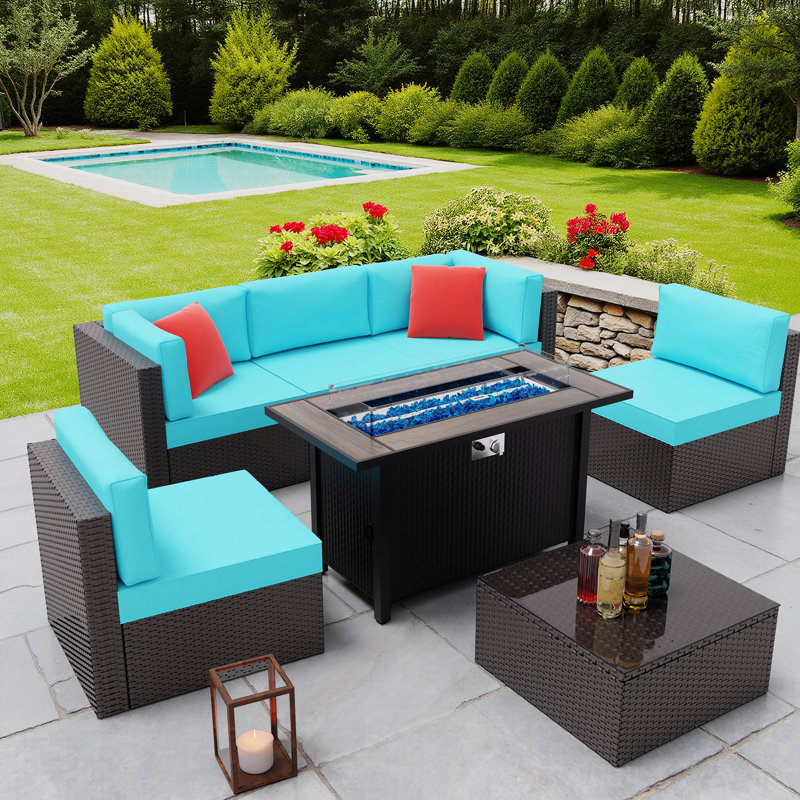 7 Piece Sectional Seating Group With Cushions, Blue