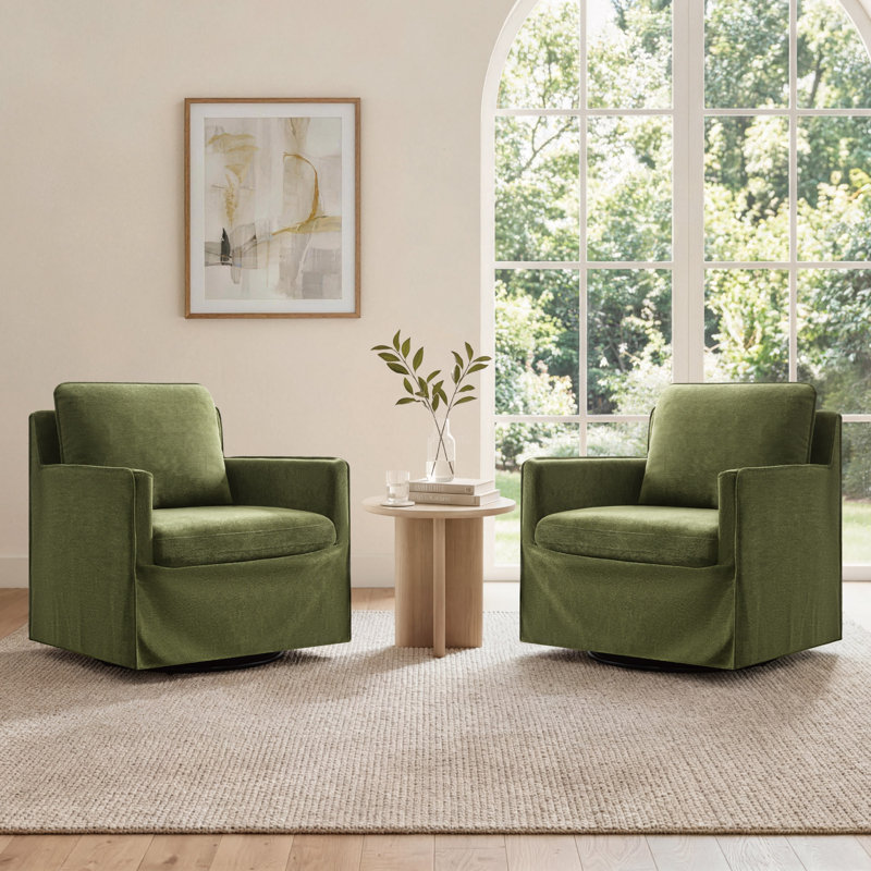Swivel Glide Armchair Set With Matching Ottoman – Washable Slipcovers, Green Polyester