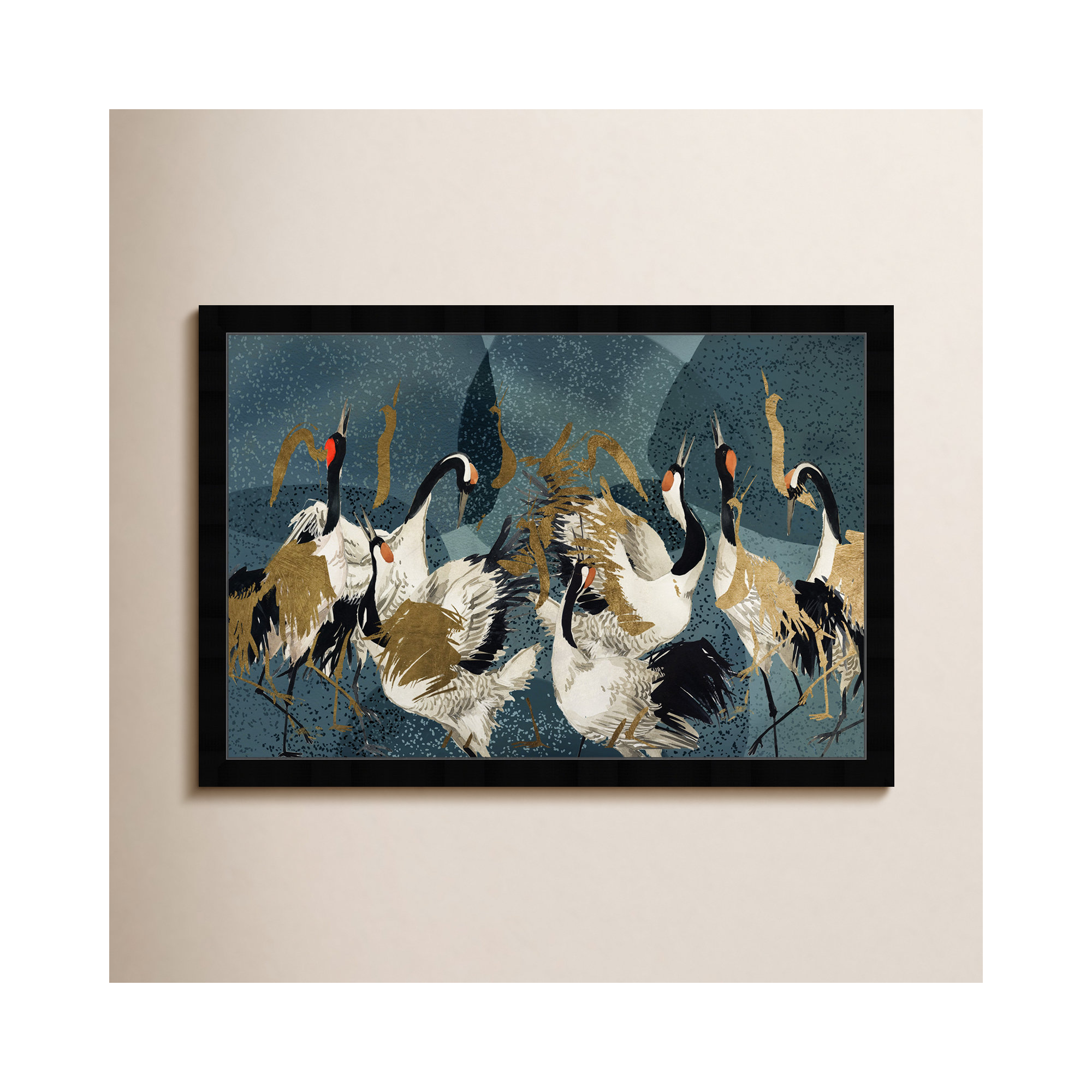 Crane Love by Oliver Gal, 32" H x 47" W, Black Framed