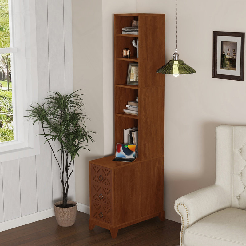 End Table with 3 Drawers, Corner Table with 4 Open Shelves, Tall Side Table for Bedroom and Corner