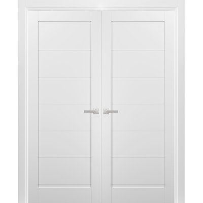 Portes françaises à double battant avec quincaillerie Quadro 4115, cadre et moulures blancs soyeux, porte intérieure robuste pour salle de bain ou chambre à coucher, 91,4 cm x 213,4 cm