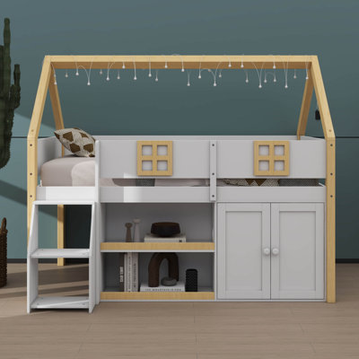 Loft Bed Featuring Step Ladder, Integrated Shelving, Cabinets, And LED Lighting