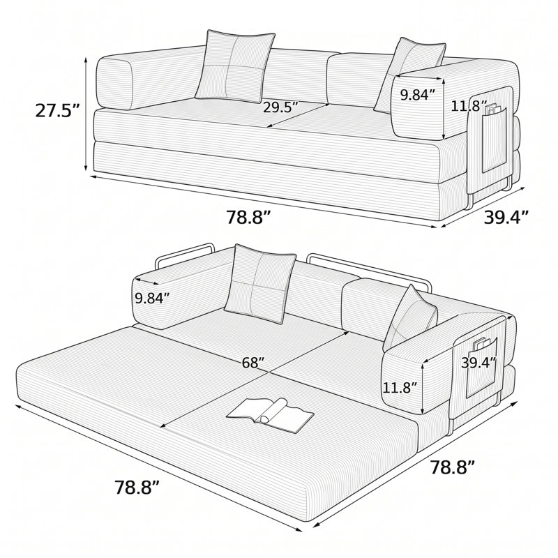 Canapé-lit convertible en velours côtelé de 200 cm (78,8 po), canapé de sol pliable avec mousse haute densité, aucun assemblage requis