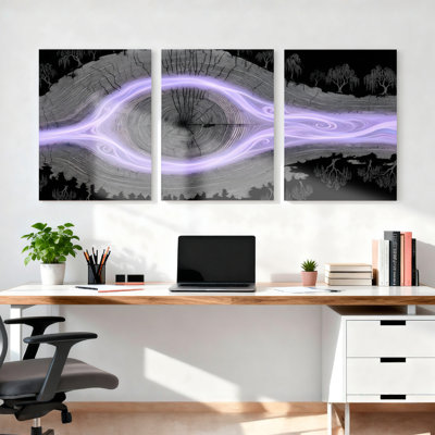 Ensemble de 3 tableaux sur toile représentant des anneaux d'arbre abstraits et une vague d'énergie violette