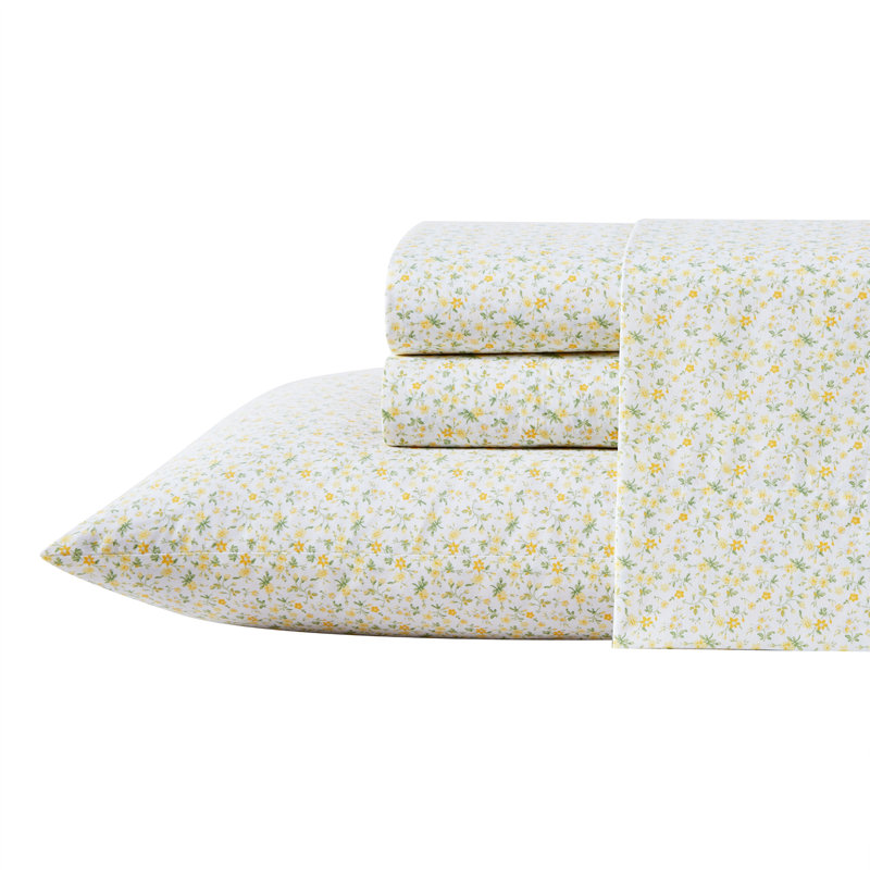 Twin XL White Cotton Percale Floral Sheet Set