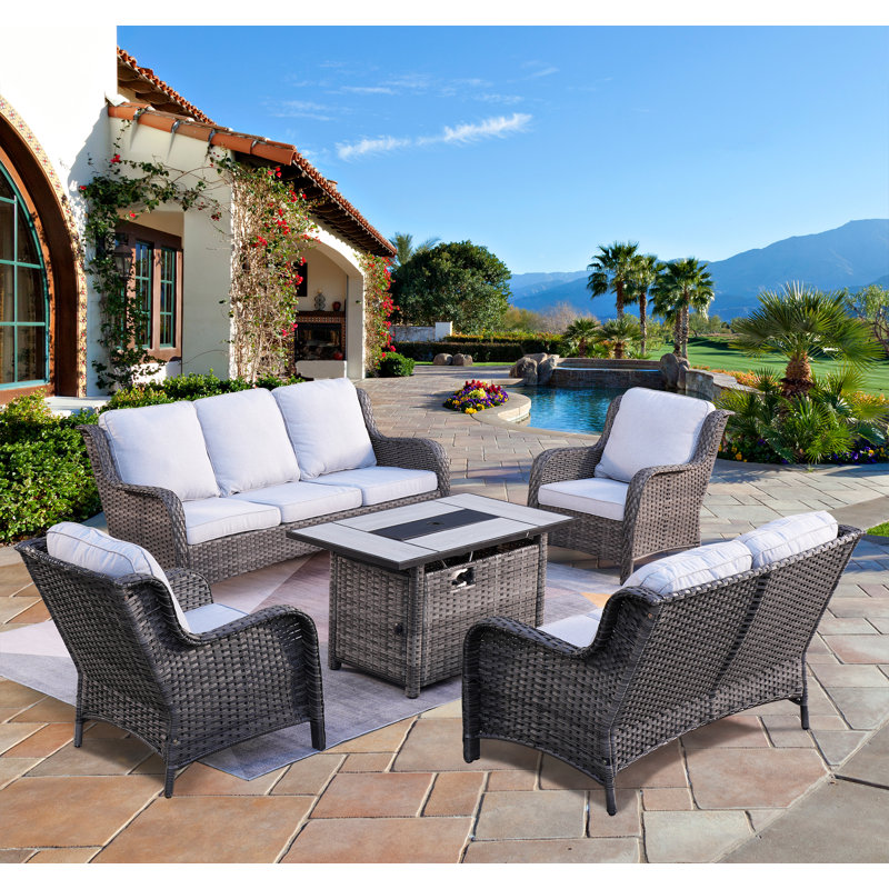 7-Person Outdoor High Back Seating Group With Cushions And Fire Pit,All-Weather Wicker Patio Set, Gray, Gray
