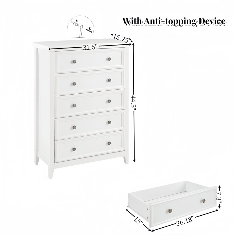 Commode 5 tiroirs Callan, Blanc