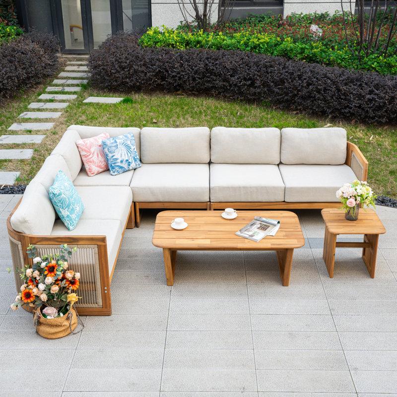 Ensemble de conversation d'extérieur modulaire pour patio en acacia 6 pièces avec coussins