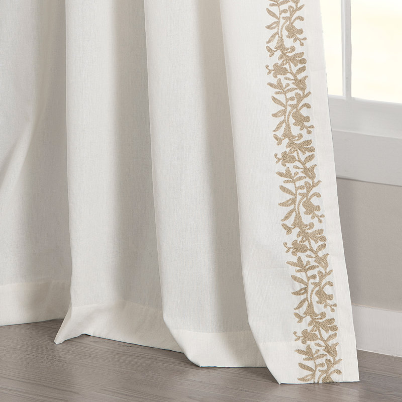 Lush Decor Luxury Modern Flower Linen Like Embroidery Border Semi-Sheer Single Curtain Panel, Off White/Neutral