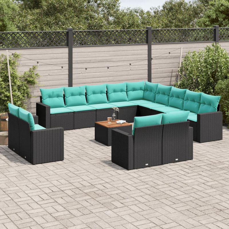  Ensemble de canapé de patio 14 pièces avec coussins en rotin de polyester noir