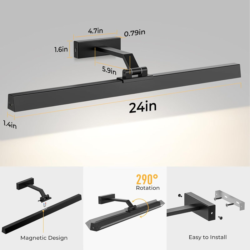 Applique murale à piles à intensité variable avec télécommande, Noir mat, H 4 po x l 24 po x P 7,4 po