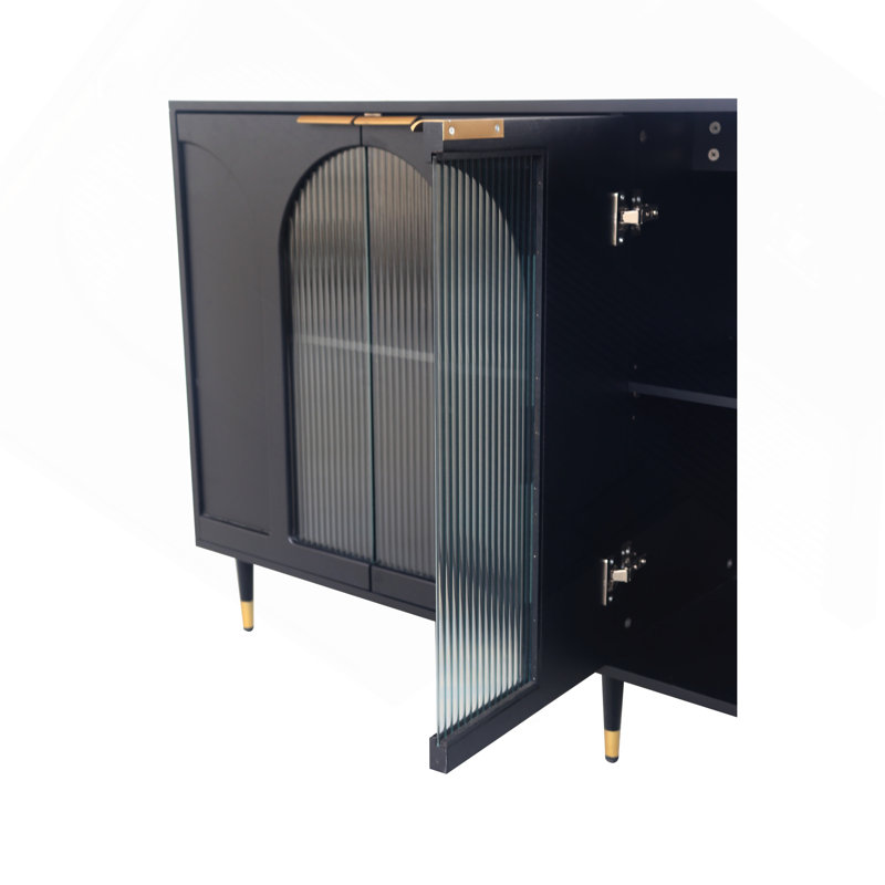 Buffet avec armoire en bois laqué noir et 4 portes, Noir