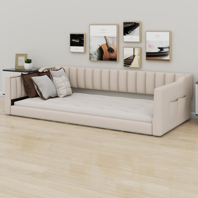 Upholstery Daybed And Side Storage Pocket, Beige, Twin XL