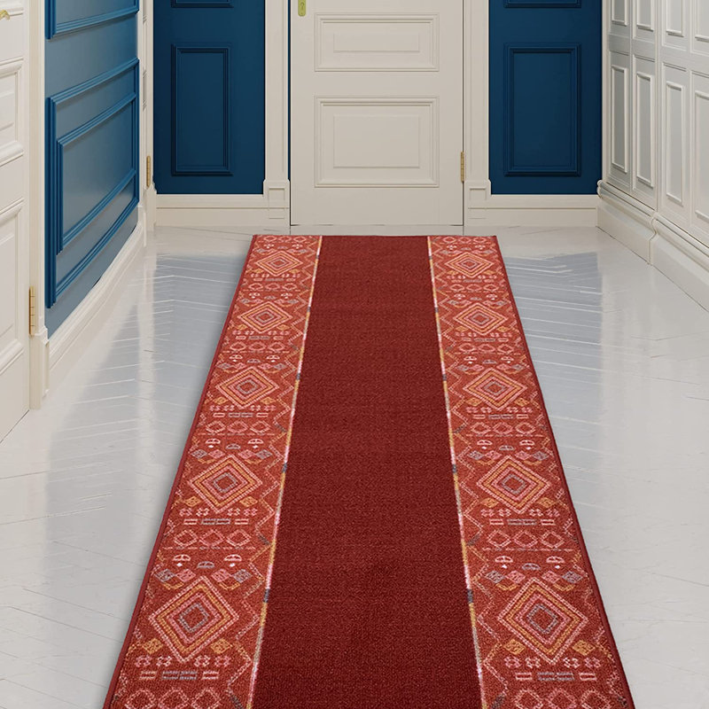 Custom Size Runner Rug 26 Inches Wide X Choose Your Length Southwestern Bordered Design Orange Color, Runner 2'2'' x 15'