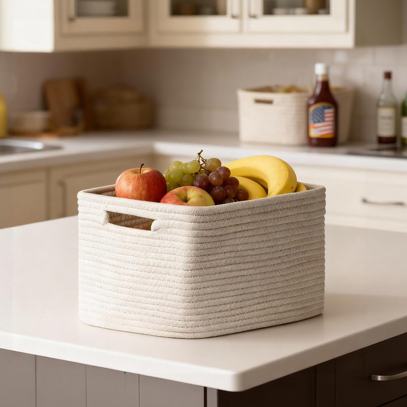 Set of 5 Decorative Cotton Rope Woven Storage Baskets, Multipurpose Organizer Bins for Shelves, Closet, Nursery, Bathroom, Storing Toys, Books & Clothes