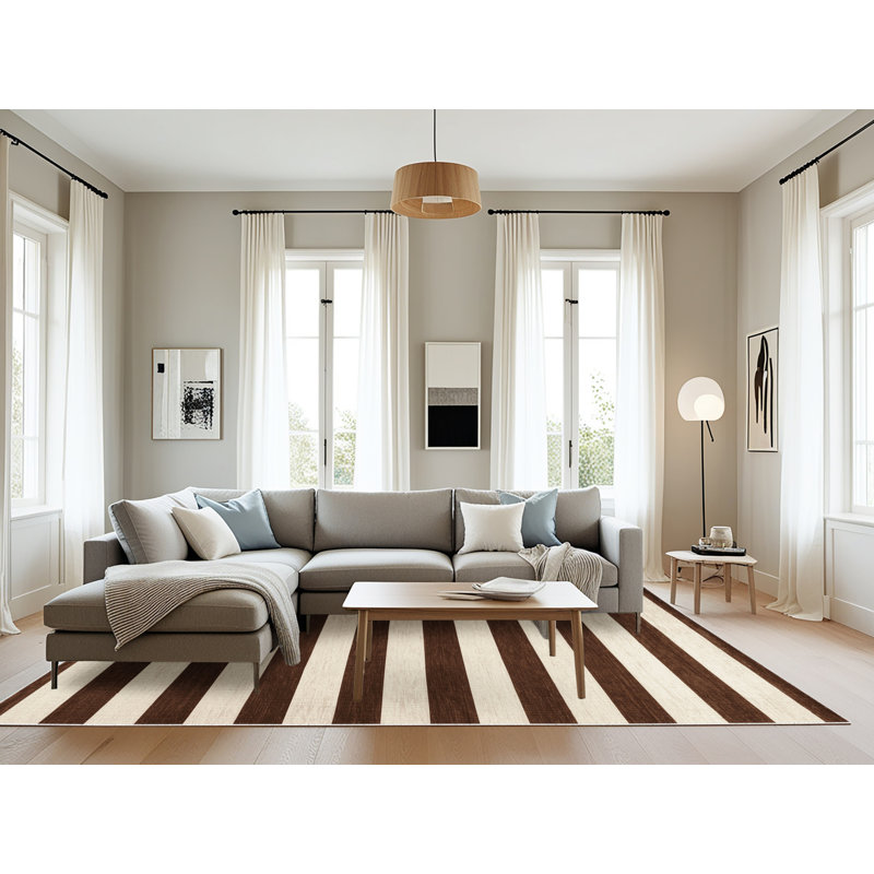 Tapis beige à rayures horizontales lavable à la machine, Rectangulaire 8 pi x 12 pi