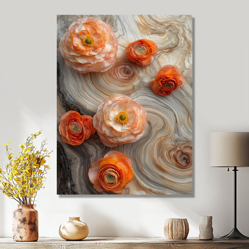Fleurs d'œillets d'été sur la glissade en bois I - Renoncule, art mural en métal, H 20 po x l 12 po