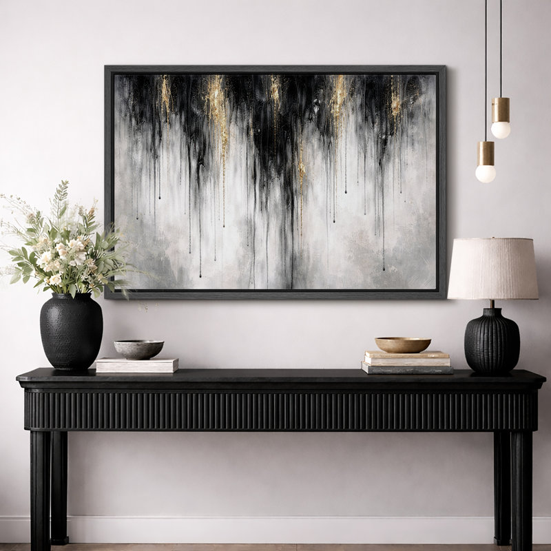 Œuvre d'art abstrait abstrait noir et or, composition de salon de luxe, impression sur toile encadrée, impression numérique