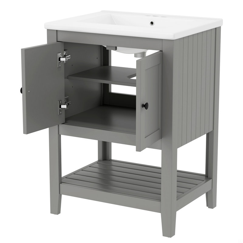 24" Bathroom Vanity Elegant Ceramic Sink With Solid Wood Frame Open Style Shelf, Gray