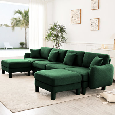 Canapé modulaire en U à 4 boucles en tissu Boucle avec bords arrondis avec accoudoirs, 2 repose-pieds mobiles et configuration de siège confortable pour socialiser des ornements modernes en forme de coquillage, des sièges de soutien à système de ressorts