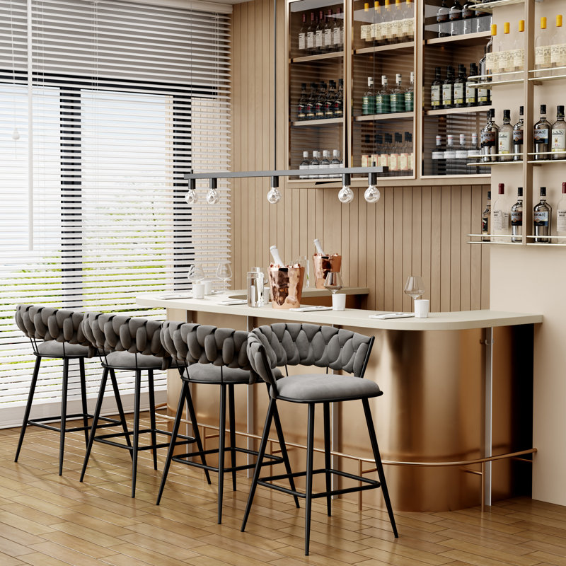 Upholstered Counter & Bar Stool With Curved Weaving Design (Set Of 4), Black, Counter Stool (26" Seat Height), Gray