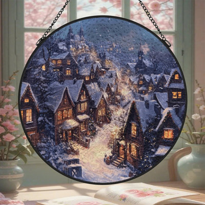 Snowy Village Christmas Eve Stained Glass Panels Suncatcher for Window Decor