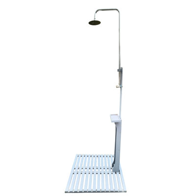 Douche de jardin extérieure avec planche - Bois massif gris pour piscine, patio, terrasse, jardin. Bois de sapin, intempéries. Les essentiels de rangement carrés. Bain relaxant réglable. 25,52 po Profondeur, 30,2