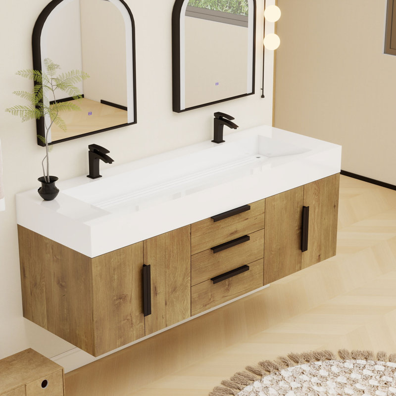 Finition du meuble-lavabo mural simple 60 po Jessica: noir lustré, Teck chêne