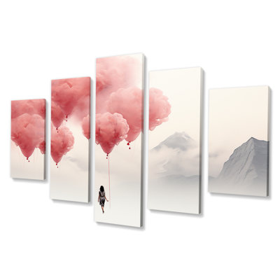 «Rose and White Air Balloon Solitude I - Abstract Landscape Multipanel», ensemble d'art mural