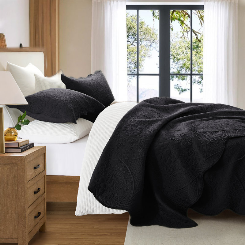 Ensemble de couvre-lit matelassé en microfibre à motif floral, Couvre-lit simple + 1 taie d'oreiller standard, Noir