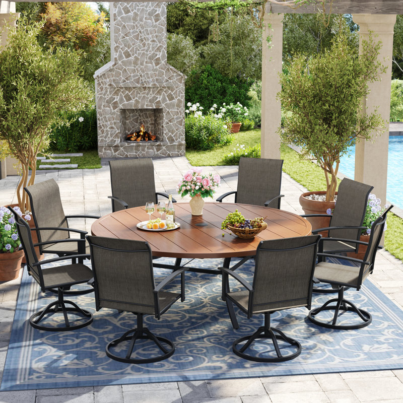 8-Person Patio Dining Set with 60" Round Dining Table and 8 Swivel PVC-coated polyester Chairs, Brush Wood Brown/Brown