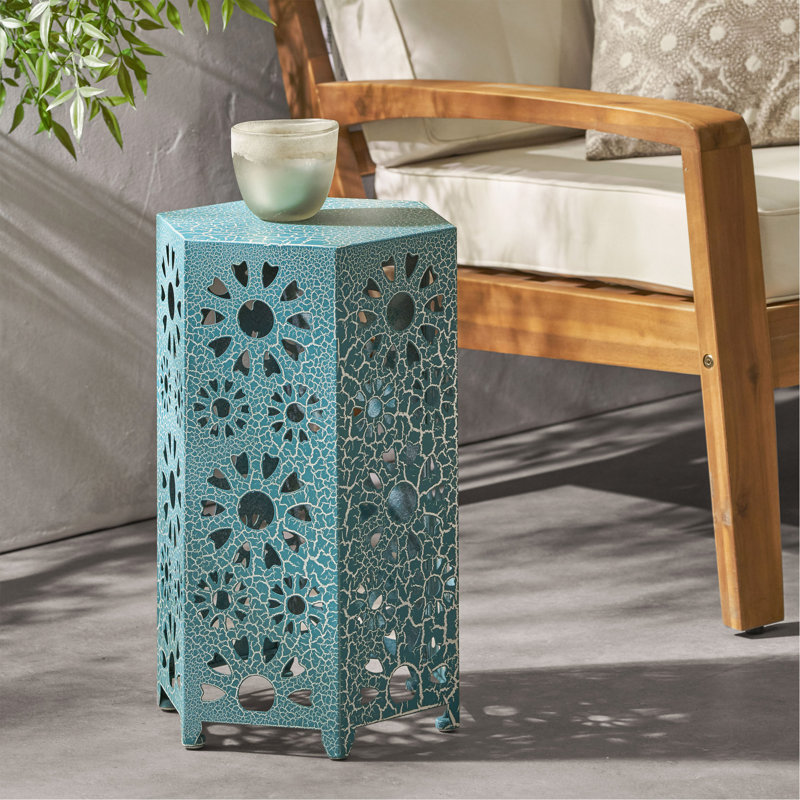 Table d'appoint hexagonale pour l'extérieur et l'intérieur, Sarcelle, H 18,5 po x l 10,5 po x P 12 po