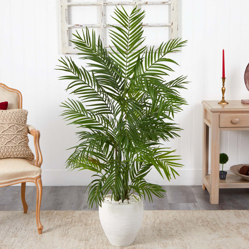 Faux Palm Tree in Ceramic Planter, 60" H x 31" W x 25" D, White