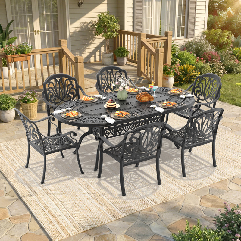 Ensemble de salle à manger de patio ovale avec 6 fauteuils, sièges rembourrés bruns, mobilier de jardin extérieur, 6