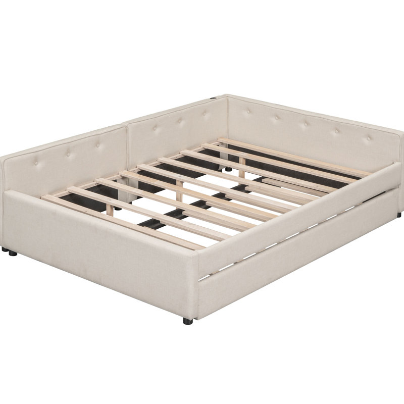 Upholstered Platform Bed In Beige With And Twin Size Trundle - Strong Construction, No Box Spring For A Warm Bedroom Feeling Full Wood, Romantic Atmosphere