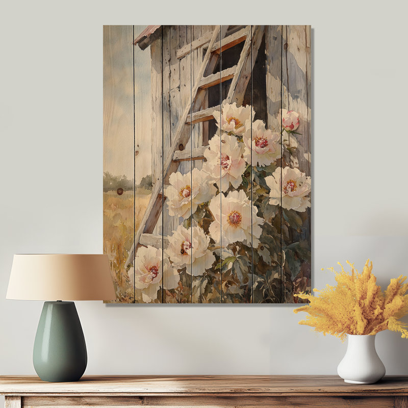 Peonies By The Wooden Barn Ladder I - Peonies Wood Print - On Natural Pine Wood, 32" H x 24" W x 0.78" D