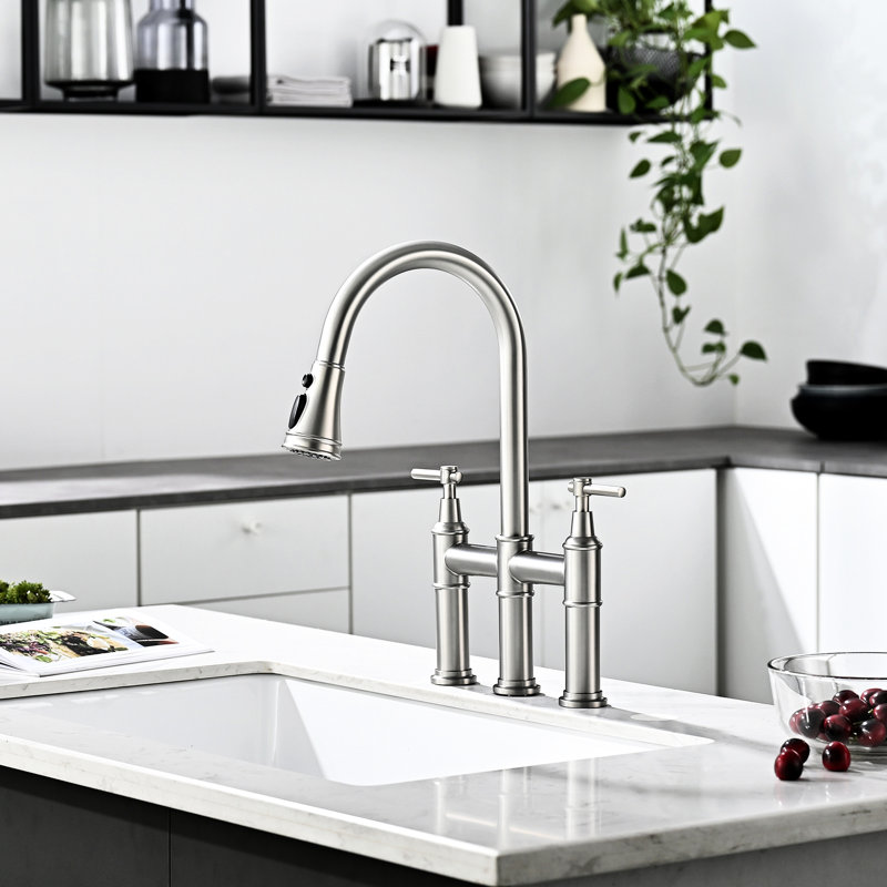 Robinet de cuisine à 3 trous en nickel brossé, rétractable, 2 poignées, robinet moderne et classique pour évier, poignée, construction